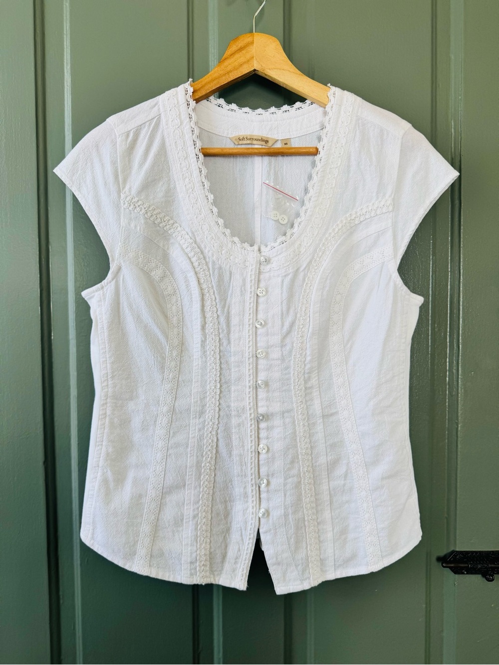Soft Surroundings White Lace-Trim Button Front Top